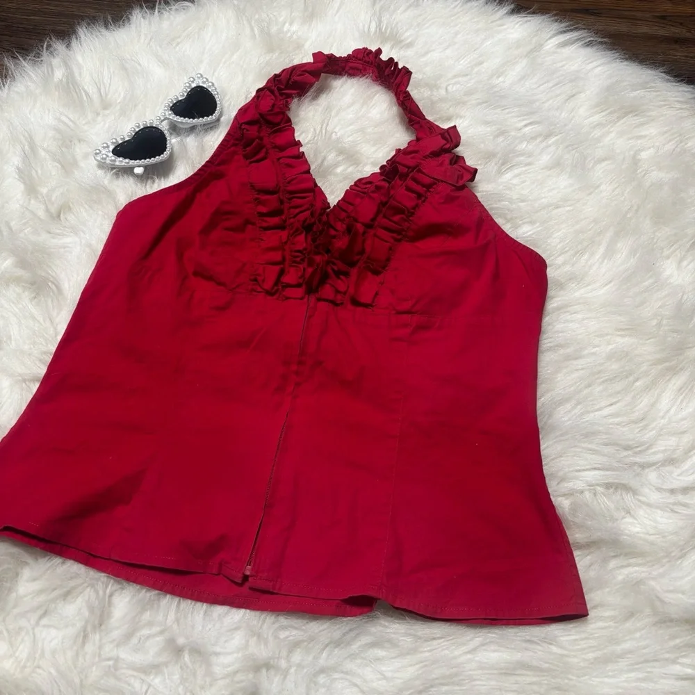 Moda International Y2K Pin-Up Vintage Red Ruffled Halter Zip Up Top size Medium